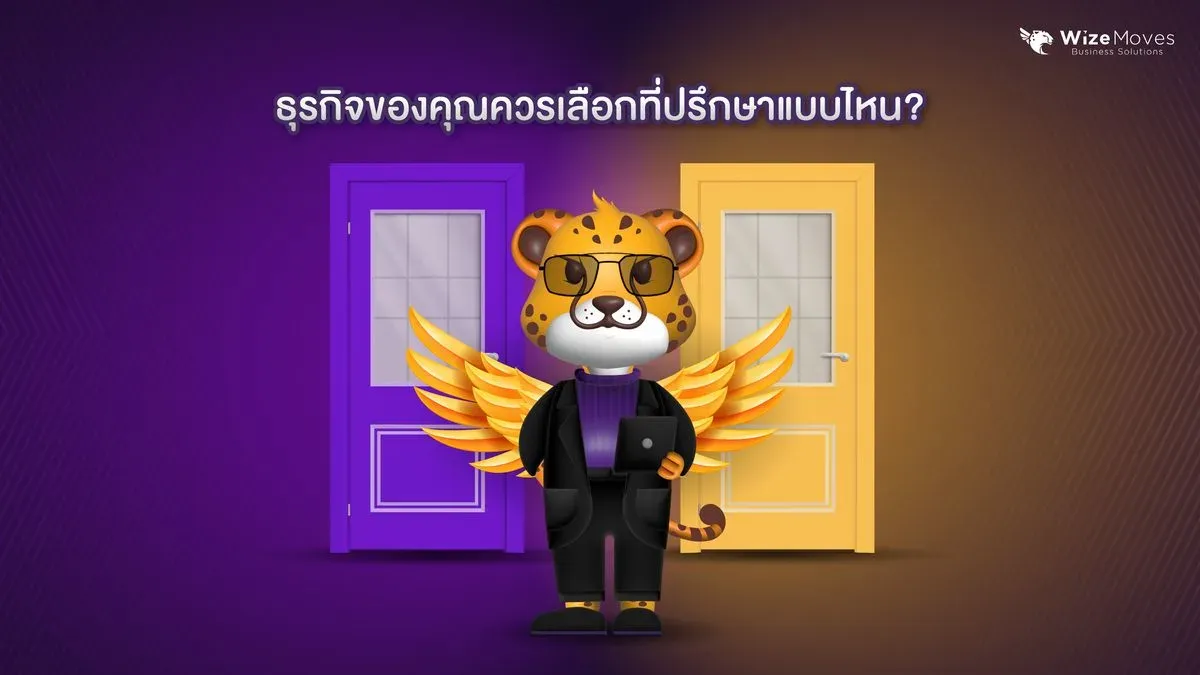 Cartoon leopard with wings on a purple background, representing business and marketing consulting options.