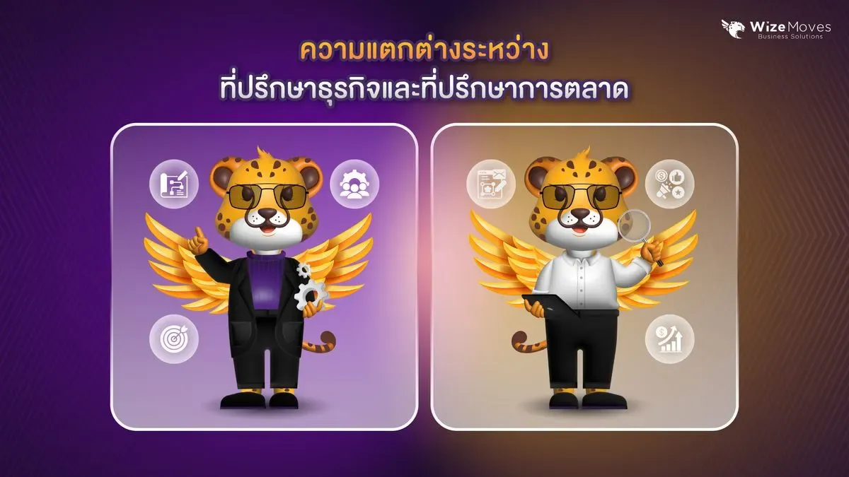 Two cartoon characters with winged chests illustrate the difference between business consulting and marketing consulting.